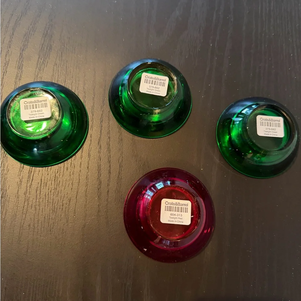 Crate&Barrel Green and Red Glow Glass Tealight Holders